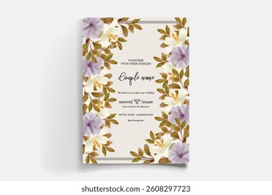WEDDING INVITATION FRAME WITH FLOWER DECORATIONS AND FRESH LEAVES