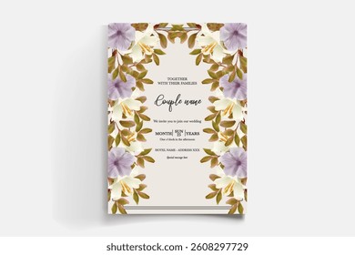 WEDDING INVITATION FRAME WITH FLOWER DECORATIONS AND FRESH LEAVES