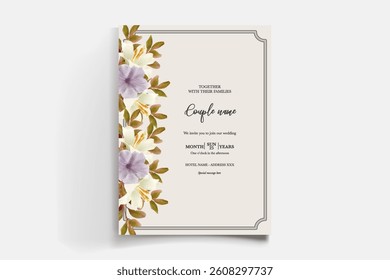 WEDDING INVITATION FRAME WITH FLOWER DECORATIONS AND FRESH LEAVES