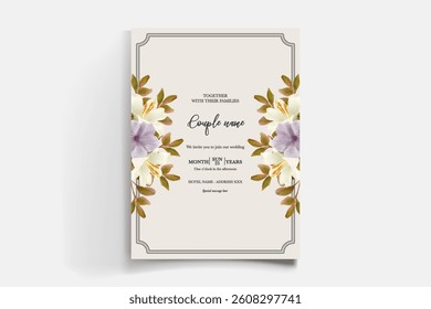 WEDDING INVITATION FRAME WITH FLOWER DECORATIONS AND FRESH LEAVES