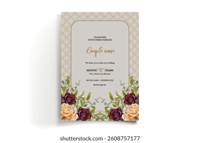 WEDDING INVITATION FRAME WITH FLOWER DECORATIONS AND FRESH LEAVES
