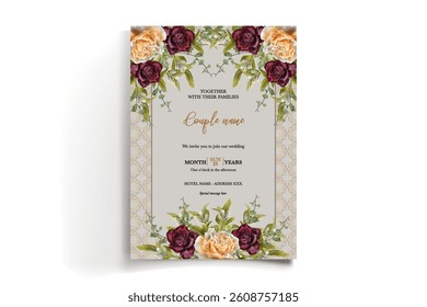 WEDDING INVITATION FRAME WITH FLOWER DECORATIONS AND FRESH LEAVES