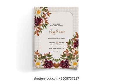 WEDDING INVITATION FRAME WITH FLOWER DECORATIONS AND FRESH LEAVES