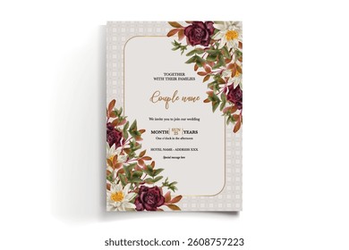 WEDDING INVITATION FRAME WITH FLOWER DECORATIONS AND FRESH LEAVES