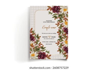 WEDDING INVITATION FRAME WITH FLOWER DECORATIONS AND FRESH LEAVES
