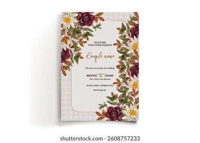 WEDDING INVITATION FRAME WITH FLOWER DECORATIONS AND FRESH LEAVES