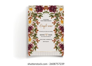 WEDDING INVITATION FRAME WITH FLOWER DECORATIONS AND FRESH LEAVES