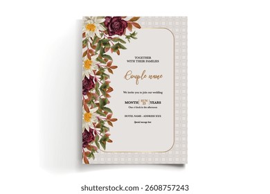 WEDDING INVITATION FRAME WITH FLOWER DECORATIONS AND FRESH LEAVES