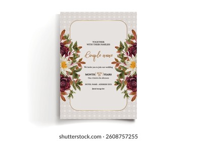 WEDDING INVITATION FRAME WITH FLOWER DECORATIONS AND FRESH LEAVES