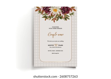 WEDDING INVITATION FRAME WITH FLOWER DECORATIONS AND FRESH LEAVES