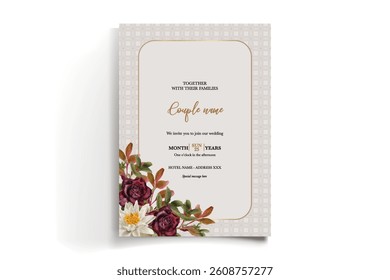 WEDDING INVITATION FRAME WITH FLOWER DECORATIONS AND FRESH LEAVES