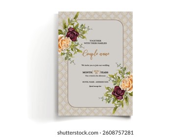 WEDDING INVITATION FRAME WITH FLOWER DECORATIONS AND FRESH LEAVES