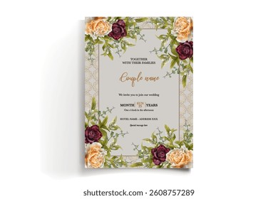 WEDDING INVITATION FRAME WITH FLOWER DECORATIONS AND FRESH LEAVES