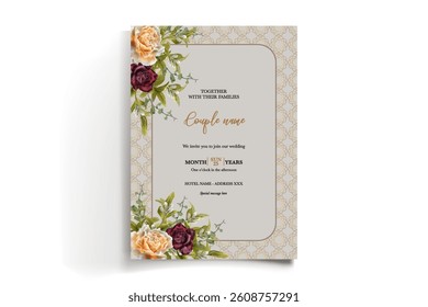 WEDDING INVITATION FRAME WITH FLOWER DECORATIONS AND FRESH LEAVES