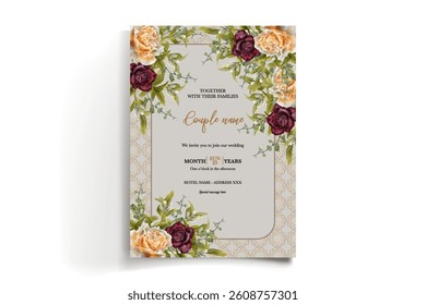 WEDDING INVITATION FRAME WITH FLOWER DECORATIONS AND FRESH LEAVES