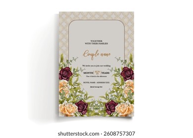 WEDDING INVITATION FRAME WITH FLOWER DECORATIONS AND FRESH LEAVES