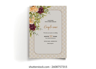 WEDDING INVITATION FRAME WITH FLOWER DECORATIONS AND FRESH LEAVES