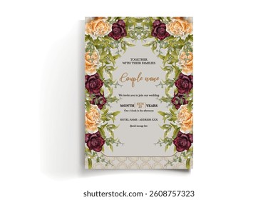 WEDDING INVITATION FRAME WITH FLOWER DECORATIONS AND FRESH LEAVES