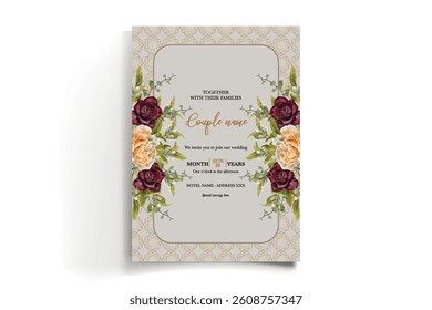 WEDDING INVITATION FRAME WITH FLOWER DECORATIONS AND FRESH LEAVES