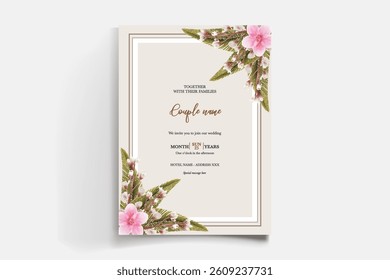 WEDDING INVITATION FRAME WITH FLOWER DECORATIONS AND FRESH LEAVES
