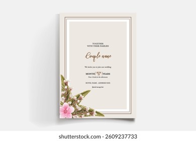 WEDDING INVITATION FRAME WITH FLOWER DECORATIONS AND FRESH LEAVES