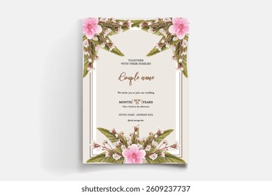 WEDDING INVITATION FRAME WITH FLOWER DECORATIONS AND FRESH LEAVES