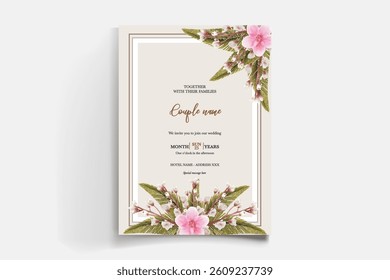 WEDDING INVITATION FRAME WITH FLOWER DECORATIONS AND FRESH LEAVES