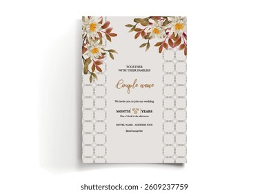 WEDDING INVITATION FRAME WITH FLOWER DECORATIONS AND FRESH LEAVES