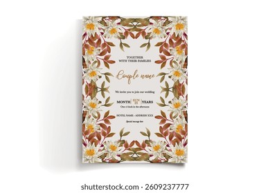 WEDDING INVITATION FRAME WITH FLOWER DECORATIONS AND FRESH LEAVES