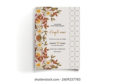 WEDDING INVITATION FRAME WITH FLOWER DECORATIONS AND FRESH LEAVES