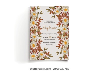 WEDDING INVITATION FRAME WITH FLOWER DECORATIONS AND FRESH LEAVES