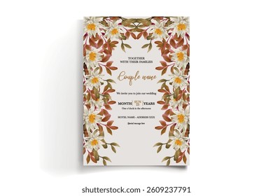 WEDDING INVITATION FRAME WITH FLOWER DECORATIONS AND FRESH LEAVES