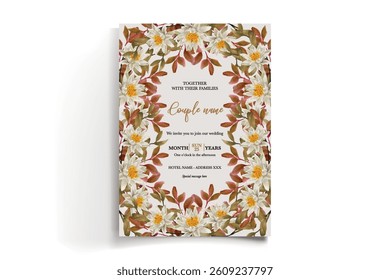 WEDDING INVITATION FRAME WITH FLOWER DECORATIONS AND FRESH LEAVES