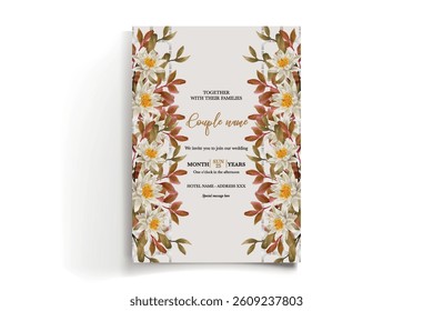 WEDDING INVITATION FRAME WITH FLOWER DECORATIONS AND FRESH LEAVES