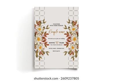 WEDDING INVITATION FRAME WITH FLOWER DECORATIONS AND FRESH LEAVES