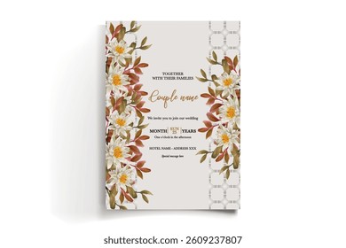 WEDDING INVITATION FRAME WITH FLOWER DECORATIONS AND FRESH LEAVES