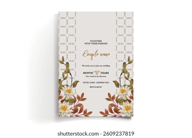 WEDDING INVITATION FRAME WITH FLOWER DECORATIONS AND FRESH LEAVES