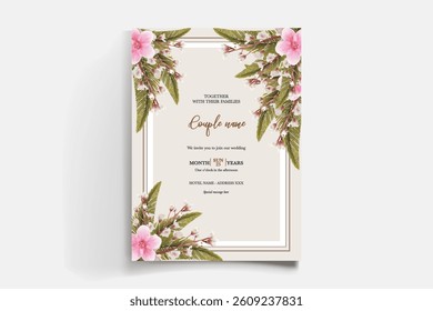 WEDDING INVITATION FRAME WITH FLOWER DECORATIONS AND FRESH LEAVES