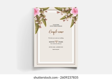 WEDDING INVITATION FRAME WITH FLOWER DECORATIONS AND FRESH LEAVES