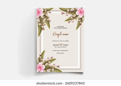 WEDDING INVITATION FRAME WITH FLOWER DECORATIONS AND FRESH LEAVES