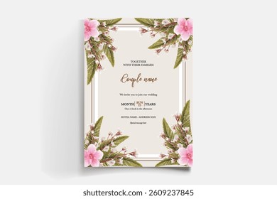 WEDDING INVITATION FRAME WITH FLOWER DECORATIONS AND FRESH LEAVES