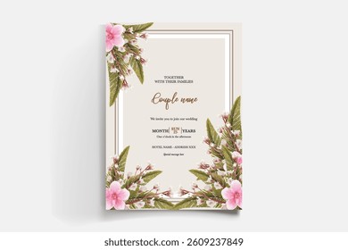 WEDDING INVITATION FRAME WITH FLOWER DECORATIONS AND FRESH LEAVES