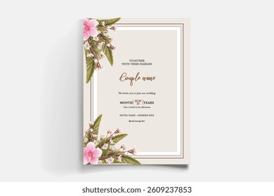 WEDDING INVITATION FRAME WITH FLOWER DECORATIONS AND FRESH LEAVES