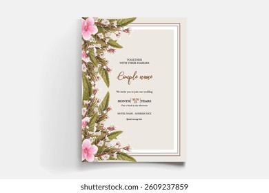 WEDDING INVITATION FRAME WITH FLOWER DECORATIONS AND FRESH LEAVES