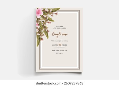 WEDDING INVITATION FRAME WITH FLOWER DECORATIONS AND FRESH LEAVES