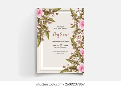 WEDDING INVITATION FRAME WITH FLOWER DECORATIONS AND FRESH LEAVES