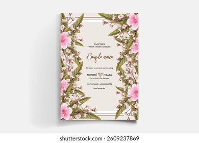 WEDDING INVITATION FRAME WITH FLOWER DECORATIONS AND FRESH LEAVES
