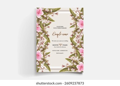 WEDDING INVITATION FRAME WITH FLOWER DECORATIONS AND FRESH LEAVES