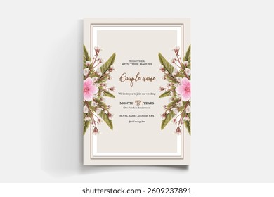 WEDDING INVITATION FRAME WITH FLOWER DECORATIONS AND FRESH LEAVES