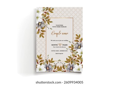 WEDDING INVITATION FRAME WITH FLOWER DECORATIONS AND FRESH LEAVES